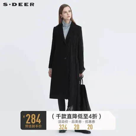 sdeer圣迪奥冬季女装西装领肌理拼接中长款黑色毛呢大衣S20481806😜商品大图