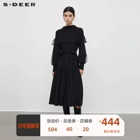 sdeer圣迪奥女装圆领网纱条纹收腰荷叶边连衣裙S233Z12J2🤘商品大图