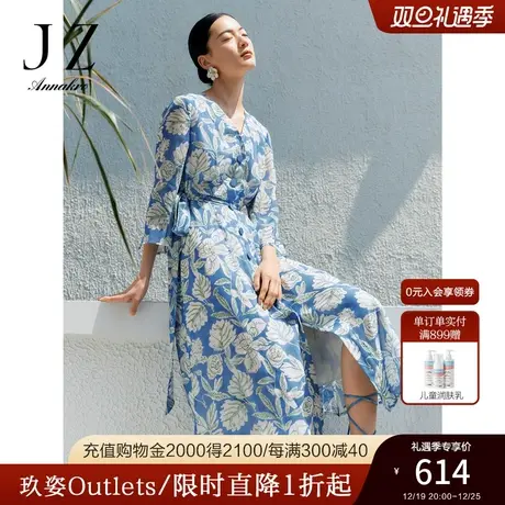 JZ玖姿轻熟风印花收腰雪纺连衣裙女2023夏季新款商品大图