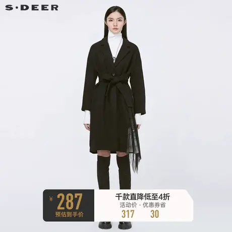 sdeer圣迪奥冬季平驳领收腰网纱印花拼接毛呢大衣女S20481824⭕商品大图