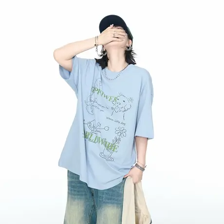 美式复古创意印花短袖T恤女宽松情侣款2025夏季新款纯棉半袖上衣图片