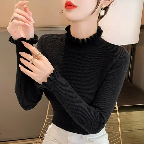 半高领毛衣打底衫女秋冬2024年新款纯色内搭上衣修身荷叶边针织衫图片