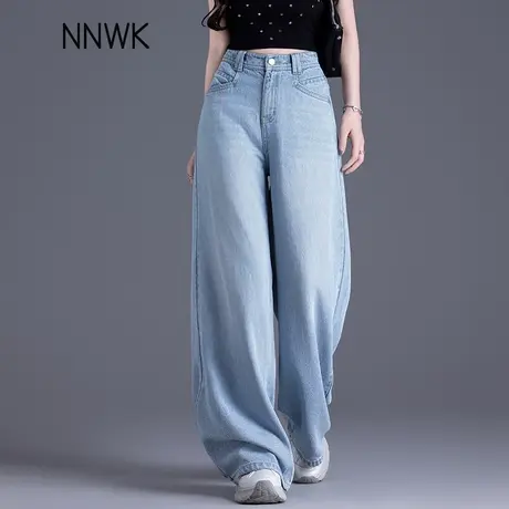 天丝牛仔裤女夏薄款2025新款窄版阔腿裤浅蓝色高腰宽松垂感直筒裤商品大图