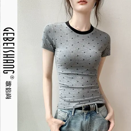 歌倍尚法式小香风圆领波点短袖T恤女2025夏季新款修身设计感上衣图片