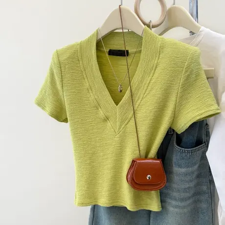 韩系高级感V领正肩短袖T恤女夏季韩版修身内搭打底衫短款辣妹上衣商品大图