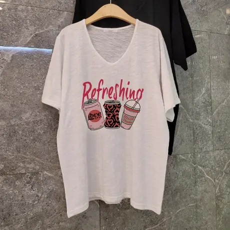 夏季大码女装T恤2024新款V领透气设计感上衣ins潮牌休闲印花短袖图片