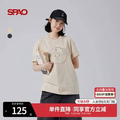 SPAO韩国同款2025年夏季新品男女同款休闲圆领小熊图案短袖T恤图片