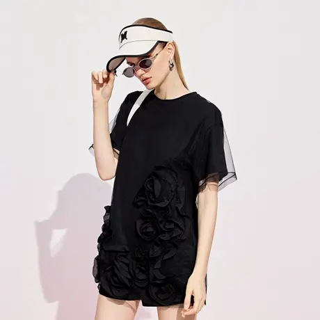 可可尼COCOON商场同款2025夏季立体玫瑰配锆石钻链时髦优雅T恤商品大图