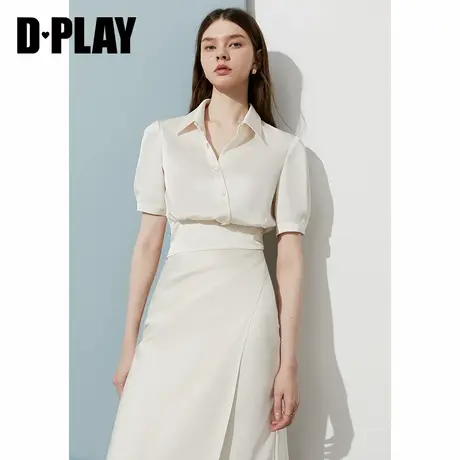 DPLAY2025年夏季新款白色衬衫女法式气质翻领缎面上衣衬衣短袖图片
