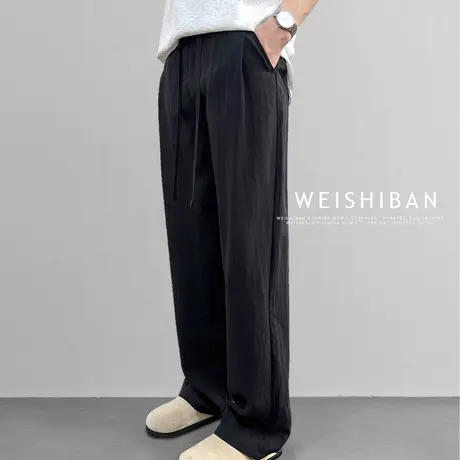 夏季冰感天丝麻阔腿裤男士老钱风垂感免烫莱赛尔抗皱飘逸宽松长裤图片