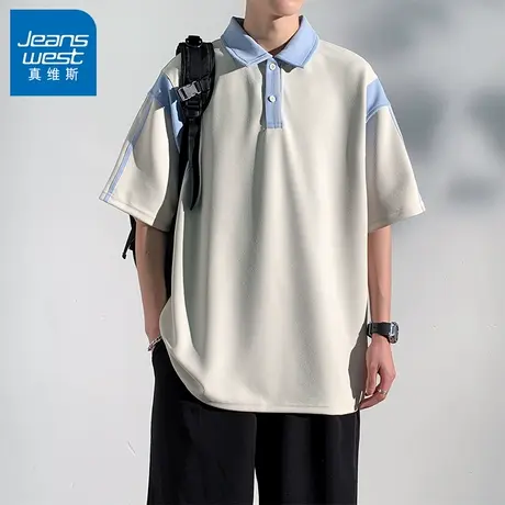 N5真维斯短袖T恤男2025夏季新款拼接翻领POLO衫男生宽松百搭上衣t图片