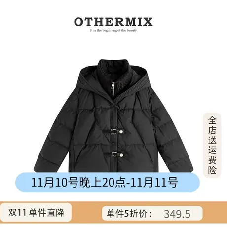 othermix设计感大小姐皮扣羽绒服女2023冬季新款短款纯色连帽外套图片