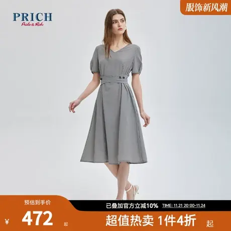 【商场同款】 PRICH2023新款格子短袖收腰V领气质连衣裙商品大图