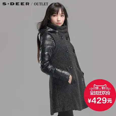 s.deer圣迪奥女装冬装双排扣中长款毛呢大衣外套S14481836图片