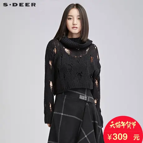 sdeer圣迪奥女装冬装夸张宽松高领镂空短款毛衣针织衫S16483560图片