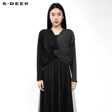 【直播间专属】sdeer圣迪奥女装V领堆叠交叉撞色长袖T恤S221Z0215图片