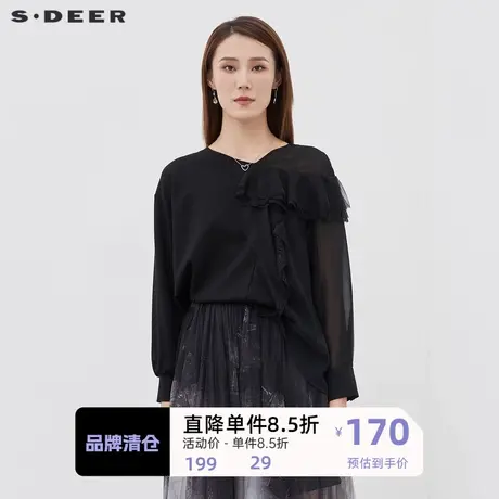 sdeer圣迪奥女装V领蕾丝网纱拼接不规则长袖T恤S221Z0229图片