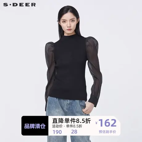 S·DEER圣迪奥女装圆领泡泡袖网纱拼接修身针织衫S22183511图片