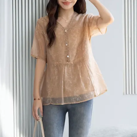 法式V领雪纺衫女2025新款夏季大码胖mm宽松显瘦遮肚薄款短袖上衣商品大图
