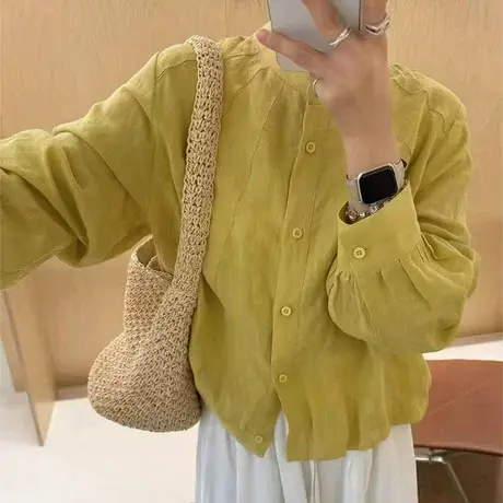 伞状线条小立领单排扣衬衣灯笼摆清新纯色短款防晒衬衫夹克衫外套图片