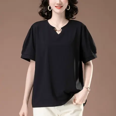 短袖t恤女夏季新款加大码女装中年妈妈纯棉宽松遮肚子V领显瘦体恤商品大图