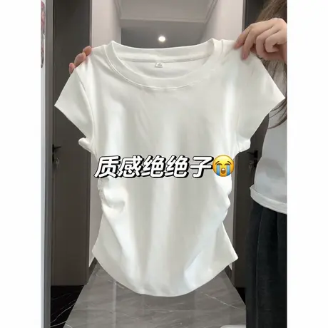ins超火短袖T恤女夏季新款修身显短款小个子打底衫褶皱收腰上衣潮图片