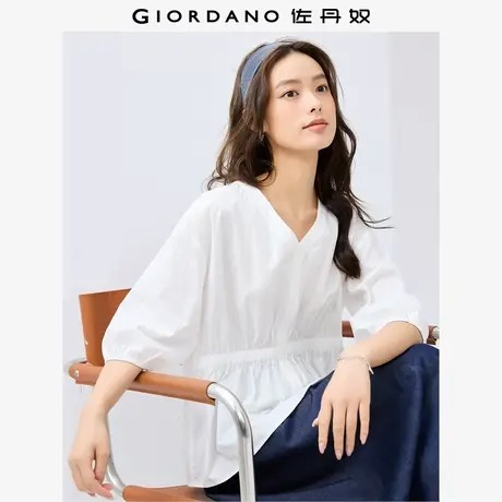 佐丹奴衬衫女装纯棉府绸V领收腰中袖梭织休闲衬衫 13345304商品大图