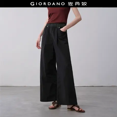 设计师款佐丹奴裤子女牛仔拼梭织松紧腰休闲裤高腰阔腿裤18415610商品大图