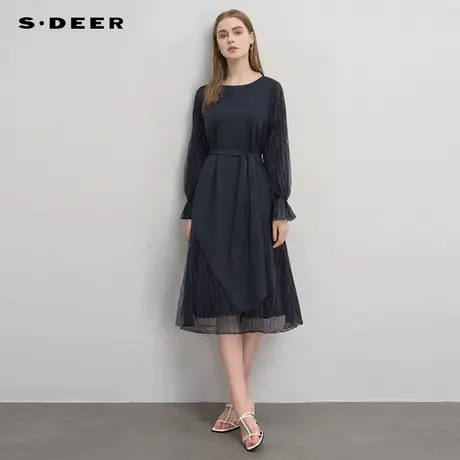 sdeer圣迪奥女装圆领条纹网纱针织拼接连衣裙S241Z1203商品大图