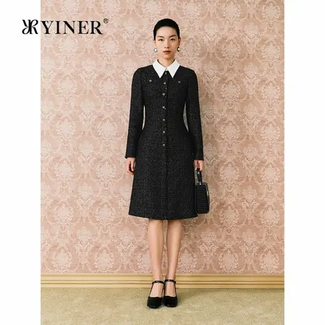 YINER音儿秋季花纱撞色翻领小黑裙法式闪丝小A字连衣裙商品大图