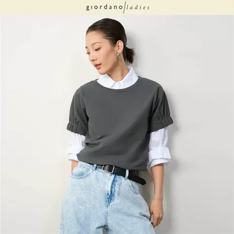 GL2025夏季新款短袖针织衫女半橡筋收褶袖圆领针织上衣女02355056商品大图