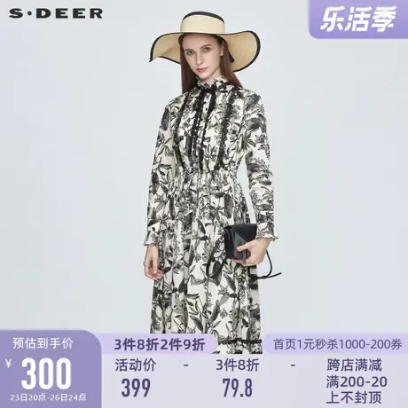 sdeer圣迪奥女装春秋装复古蕾丝收腰印花衬衫连衣裙女S21161204商品大图