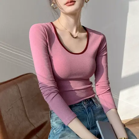 大圆领粉色长袖t恤女2025春季新款撞色内搭正肩西装内搭打底衫图片