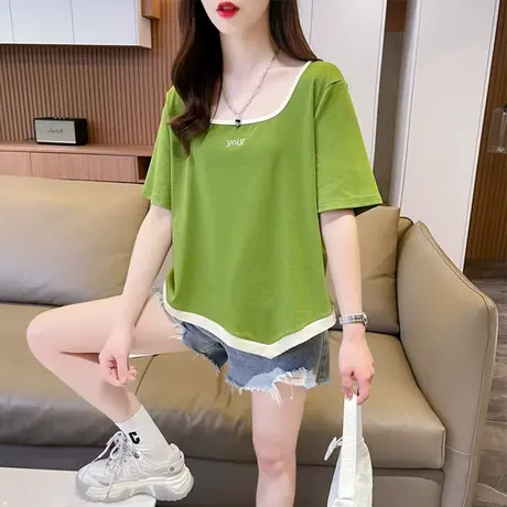 设计感小众小个子短袖t恤女夏季韩版宽松大码不规则正肩方领上衣图片