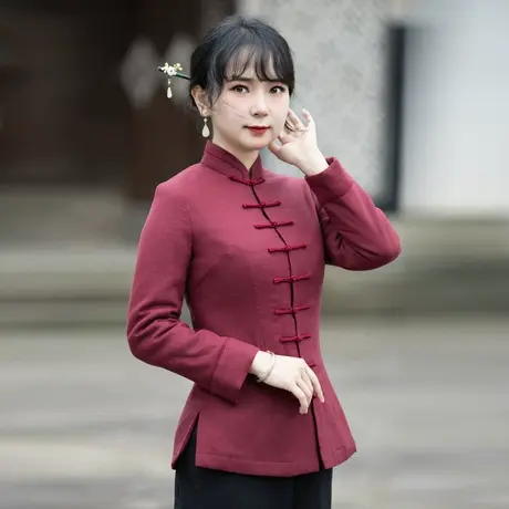 筠雅唐装上衣女中国风冬新棉袄民族风盘扣夹棉中式盘扣外套23J687商品大图