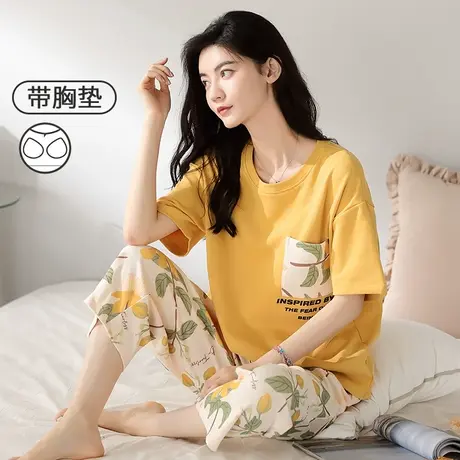 睡衣女款2024新款夏季 带胸垫一体 纯棉短袖七分裤幼嫩家居服夏款商品大图