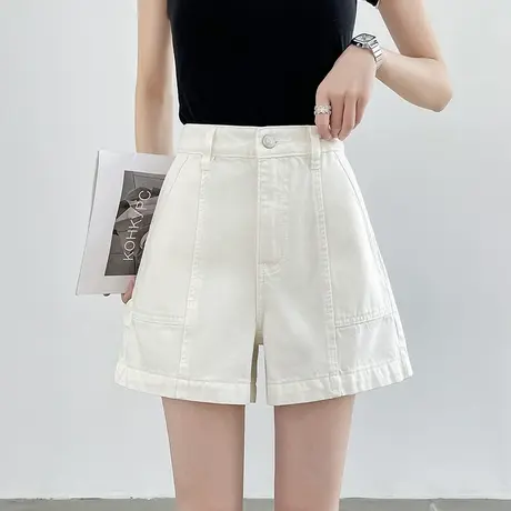 白色拼接牛仔短裤女夏季薄款2025高腰显瘦百搭宽松a字纯棉热裤子商品大图