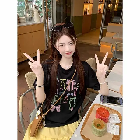 国潮蝴蝶结印花短袖t恤女2025新款夏季纯棉大码宽松显瘦黑色上衣商品大图