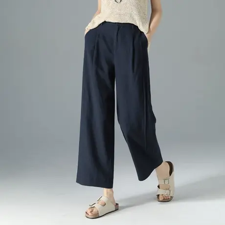藏蓝色天丝亚麻阔腿裤女夏季薄款裤子2025新款高腰休闲九分直筒裤图片