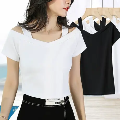 白色性感小心机上衣露肩夏季新款短袖女露锁骨修身显瘦V领t恤衫图片