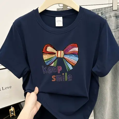 2025夏季新款短袖t恤女时尚减龄蝴蝶结印花正肩显瘦小衫圆领上衣商品大图