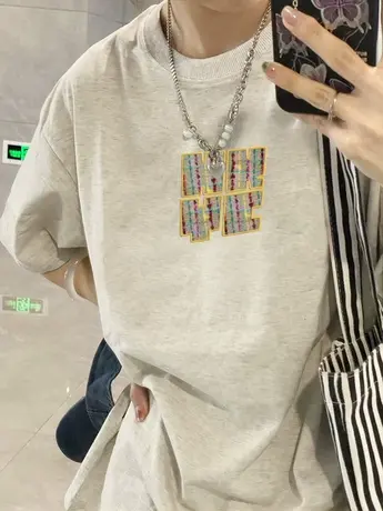 灰色oversize大码t恤女夏季慵懒风印花宽松半袖上衣ins潮情侣短袖商品大图