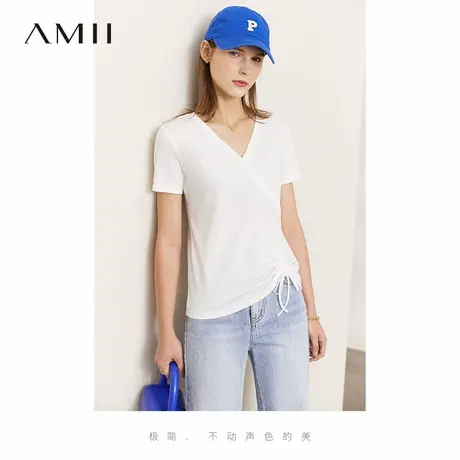 Amii2025夏季新款短袖T恤女时尚休闲V领纯棉上衣抽褶设计感百搭商品大图