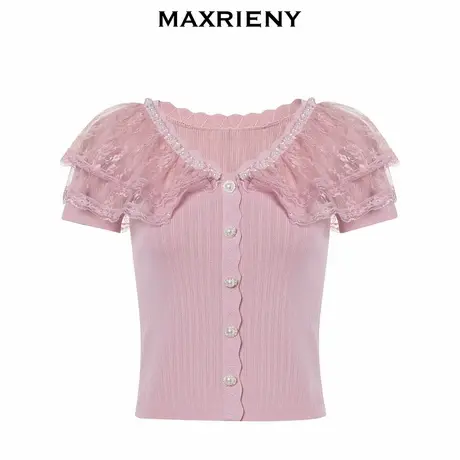 【奥莱】MAXRIENY复古蕾丝拼接针织衫法式上衣女图片