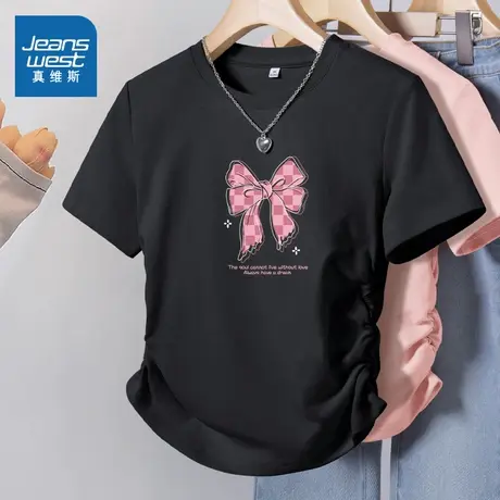 KMV真维斯黑色修身短袖t恤女2025夏季新款紧身抽褶显瘦小个子上衣图片