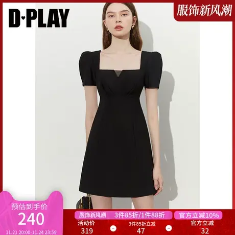 DPLAY夏法式优雅黑色网纱拼接泡泡袖收腰方领连衣裙小黑裙图片