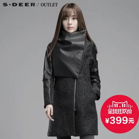 sdeer圣迪奥几何PU拼接毛呢大衣帅气立领外套S14481848图片
