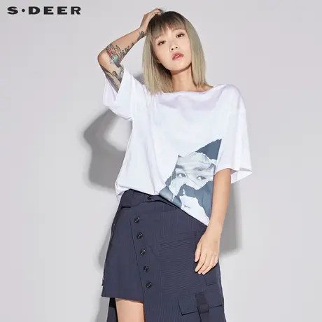 sdeer圣迪奥2019新款素白休闲圆领套头具象印花短袖T恤S18280142图片