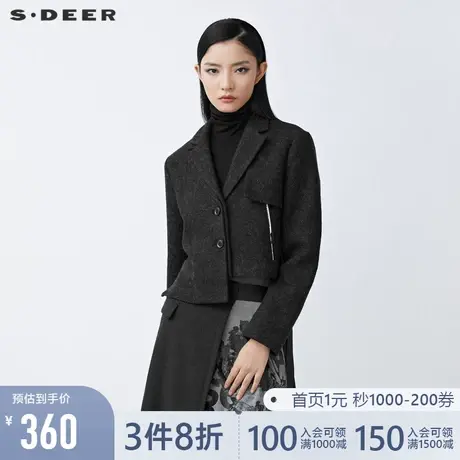 sdeer圣迪奥2021春西装领拼接不规则毛呢短款外套女S21462208图片