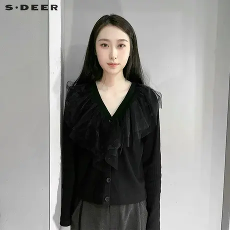 【直播间专属】sdeer圣迪奥女装V领网纱拼接开衫针织衫S221Z2207图片